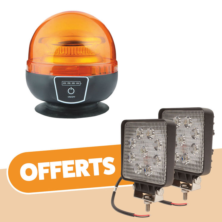 Gyrophare LED rotatif sans fil, fixation magnétique, sur batterie, homologué R65-R10, autonomie 8 heures + 2 phares de travail OFFERTS