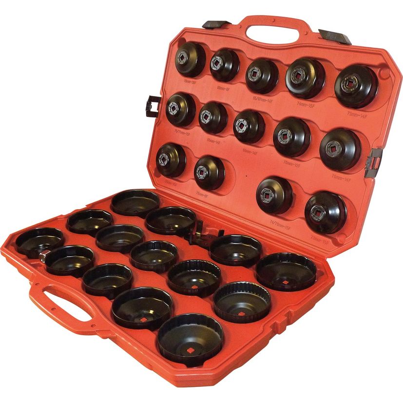 Coffret de 28 cloches acier pour filtres à huile de 65 à 108 mm, 1 adaptateur 1/2”-3/8”, 1 clé 3 griffes, DRAKKAR