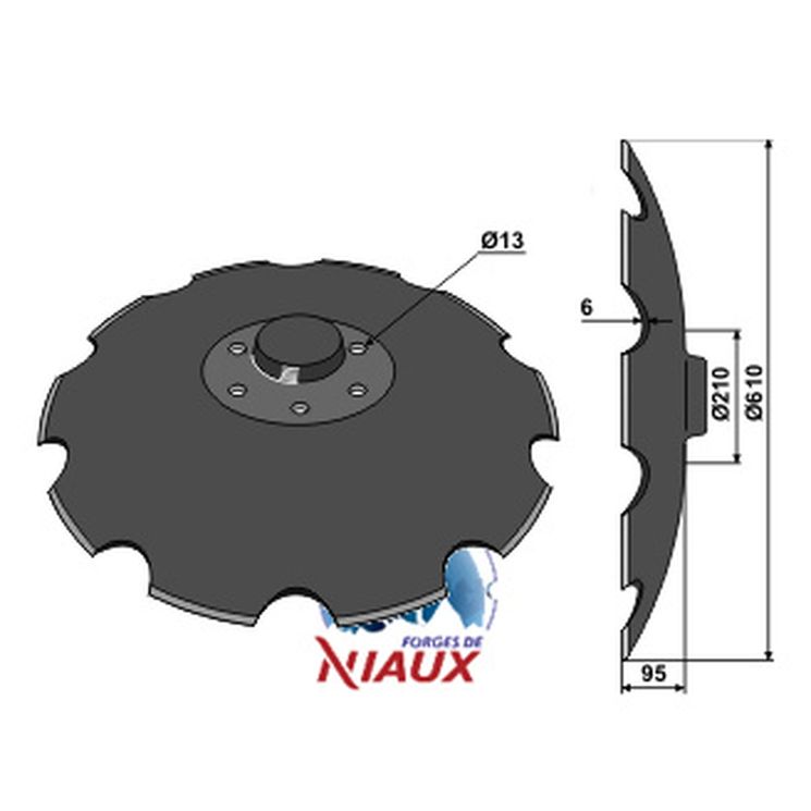 Disque crénelé 610x6 mm, 6 trous, R18127471, pour déchaumeur MASCHIO, NIAUX 200