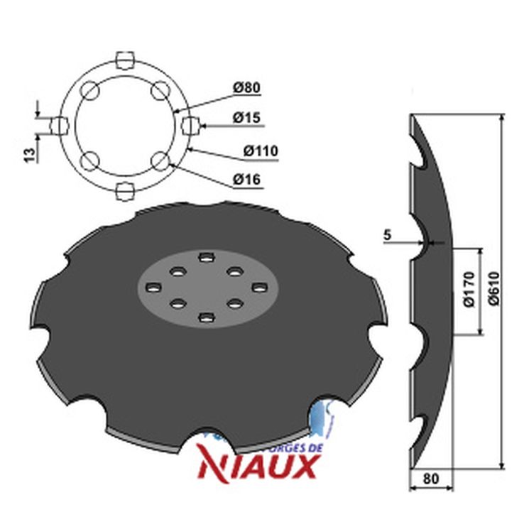 Disque crénelé 610x5 mm, 8 trous, TCS-DIS-503, pour déchaumeur Agrisem, NIAUX 200