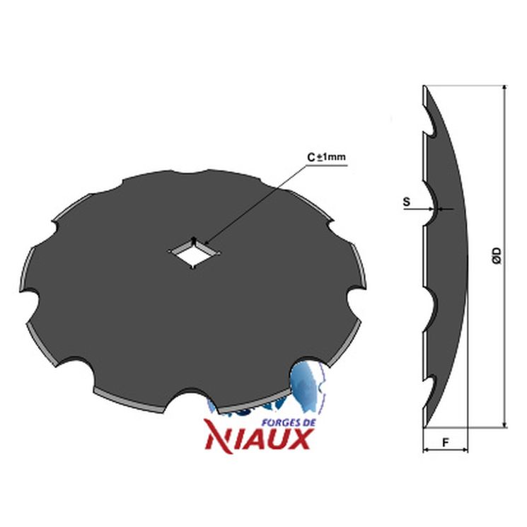 Disque crénelé 610x6 mm, carré de 41 mm, hauteur 94 mm, pour cover crop, NIAUX 200