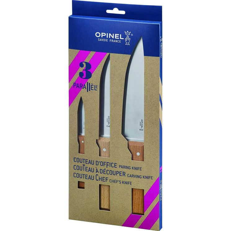 Coffret Trio Parallèle, 3 couteaux de cuisine : office, à découper, couteau de chef, OPINEL