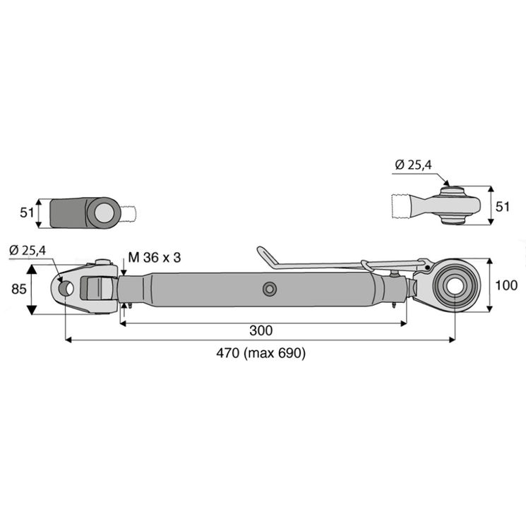 Barre de poussée mécanique articulation / rotule, catégorie 2/2, filetage 36x3 mm, longueur 470/690 mm, gamme Pro