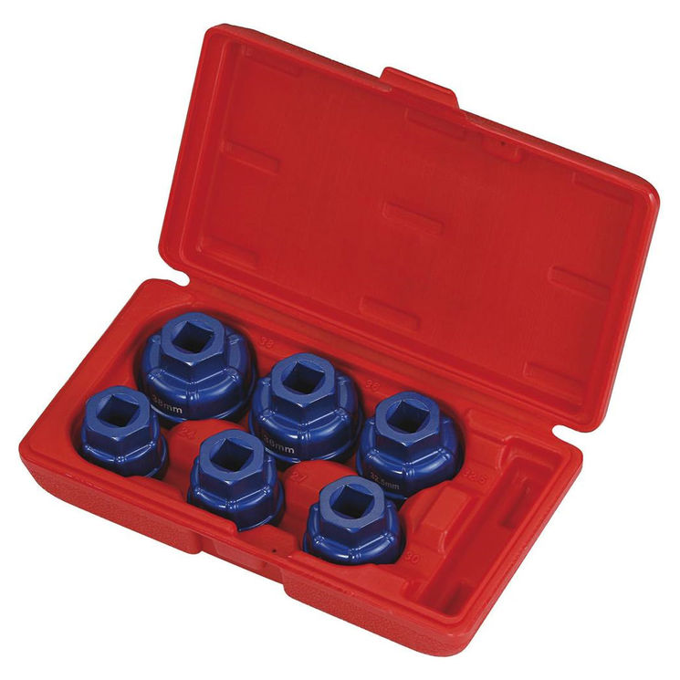 Coffret de 6 cloches aluminium pour filtres à huile 24-27-30-32,5-36-38 mm, carré 1/2", DRAKKAR
