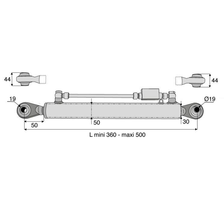 Barre de poussée hydraulique rotule / rotule, catégorie 1/1, tige Ø30 mm, longueur 360/500 mm