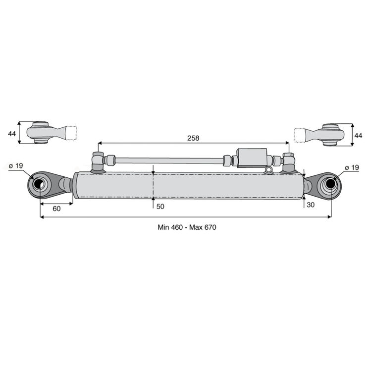 Barre de poussée hydraulique rotule / rotule, catégorie 1/1, tige Ø30 mm, longueur 460/670 mm
