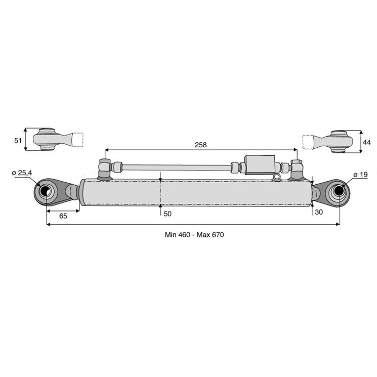Barre de poussée hydraulique rotule / rotule, catégorie 2/1, tige Ø30 mm, longueur 460/670 mm