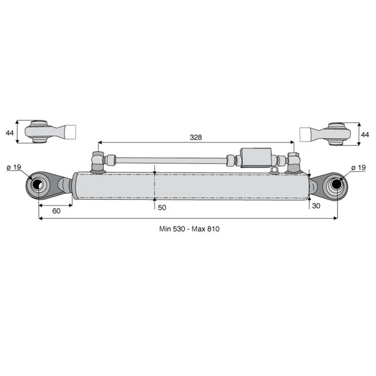 Barre de poussée hydraulique rotule / rotule, catégorie 1/1, tige Ø30 mm, longueur 530/810 mm