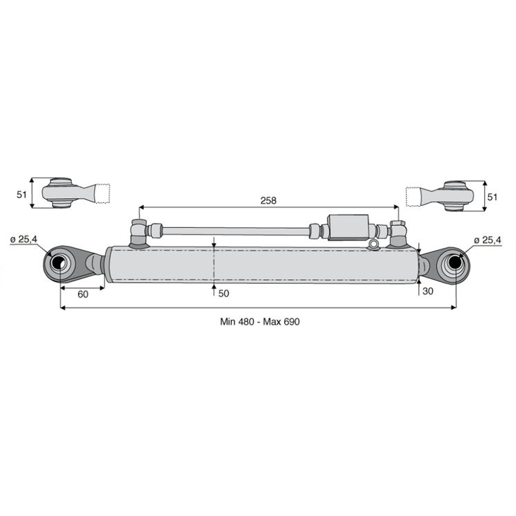 Barre de poussée hydraulique rotule / rotule, catégorie 2/2, tige Ø30 mm, longueur 480/690 mm