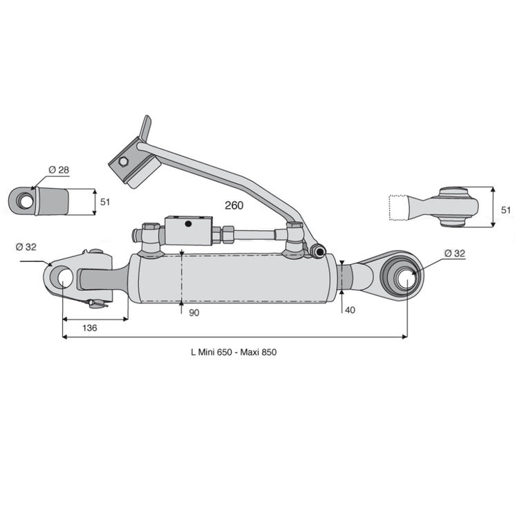 Barre de poussée hydraulique articulation / rotule, catégorie 3/3, tige Ø40 mm, longueur 650/850 mm