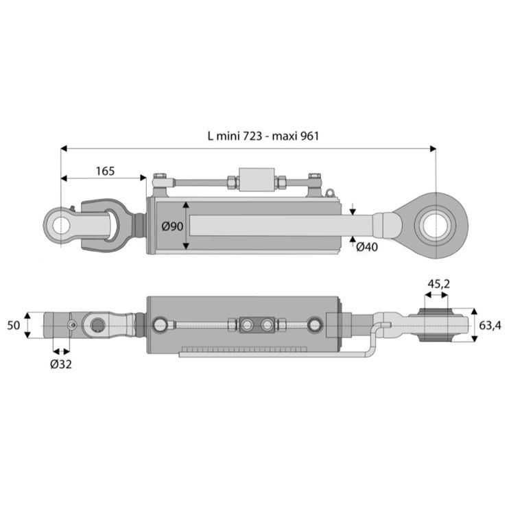 Barre de poussée hydraulique articulation / rotule, catégorie 3/4, tige Ø40 mm, longueur 723/961 mm, CBM