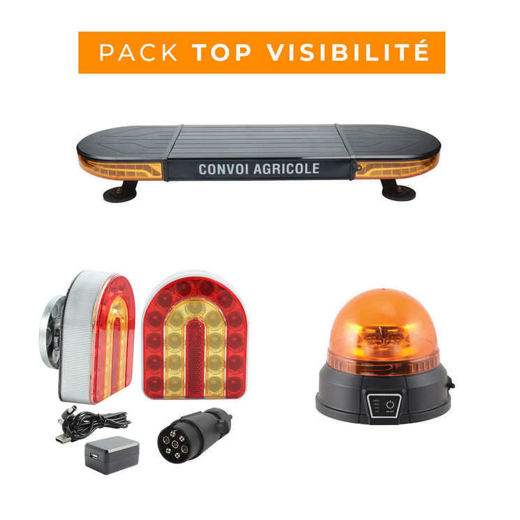 Pack TOP VISIBILITÉ LED sans fil : Kit feu signalisation CONNIX + gyrophare + rampe gyrophare convoi agricole