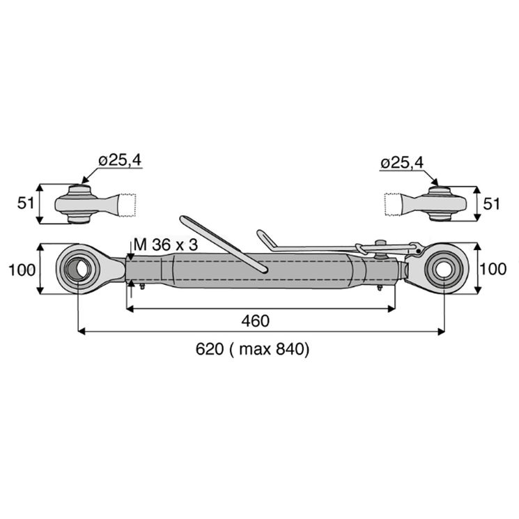 Barre de poussée mécanique rotule / rotule, catégorie 2/2, filetage 36x3 mm, longueur 620/840 mm, gamme Pro
