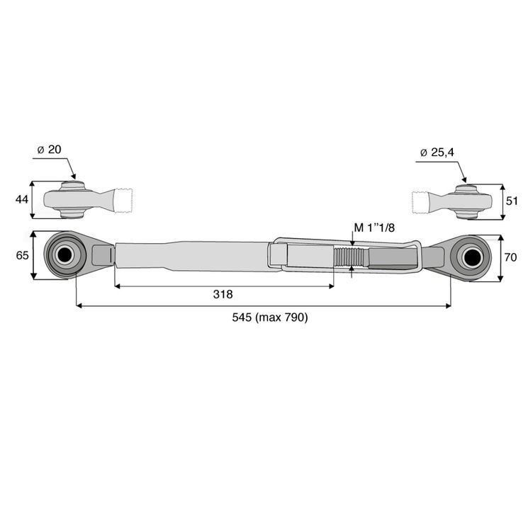Barre de poussée mécanique rotule / rotule, catégorie 1/2, filetage 1"1/8, longueur 545/790 mm, gamme Eco