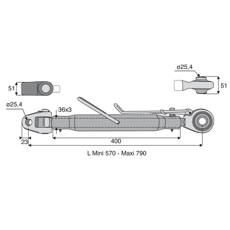Barre de poussée mécanique articulation / rotule, catégorie 2/2, filetage 36x3 mm, longueur 570/790 mm, gamme Pro