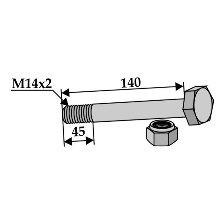 Vis partiellement filetée M14x2 avec écrou frein, lg.140mm filetage sur 45mm, classe 10.9
