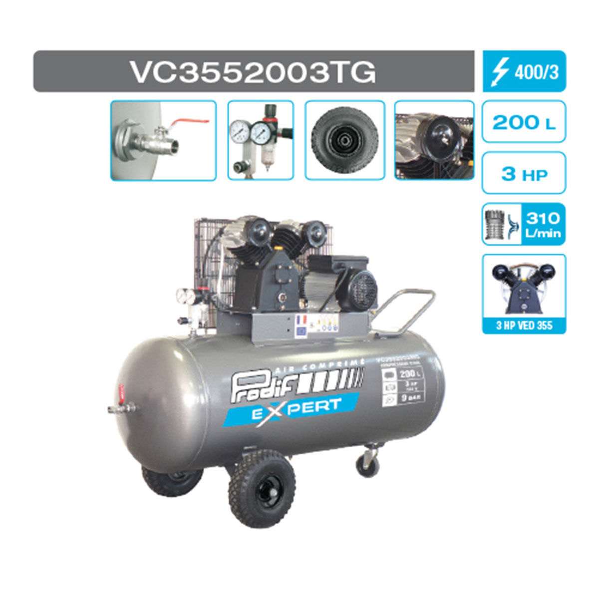 Compresseur VC3552003TG mobile 200L 400V 18,6m³/h 2 cylindres