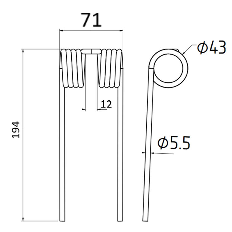 Dent pick-up 194 mm, fil 5,5 mm, pour presse à balles JOHN DEERE 864, CC128802, pièce interchangeable