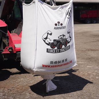 Sac de transport Big Bag, 4 boucles de levage, avec doublure et tablier,  sans revêtement, capacité de charge 1 000 kg, impression sur plusieurs  côtés