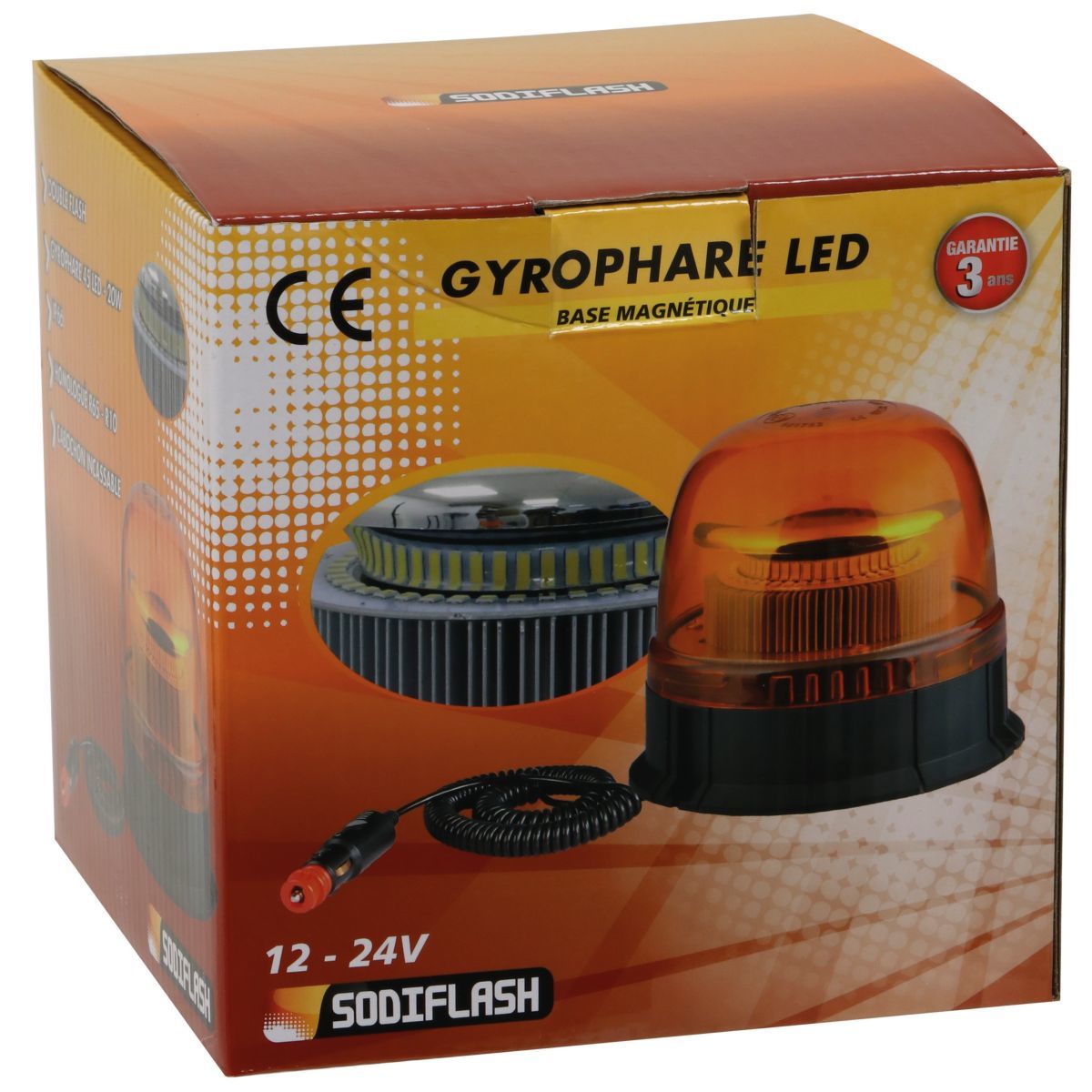 Gyrophare magnétique rond à led 24W rouge avec alimentation par fiche  allume cigare ECE R65 12V 24V.