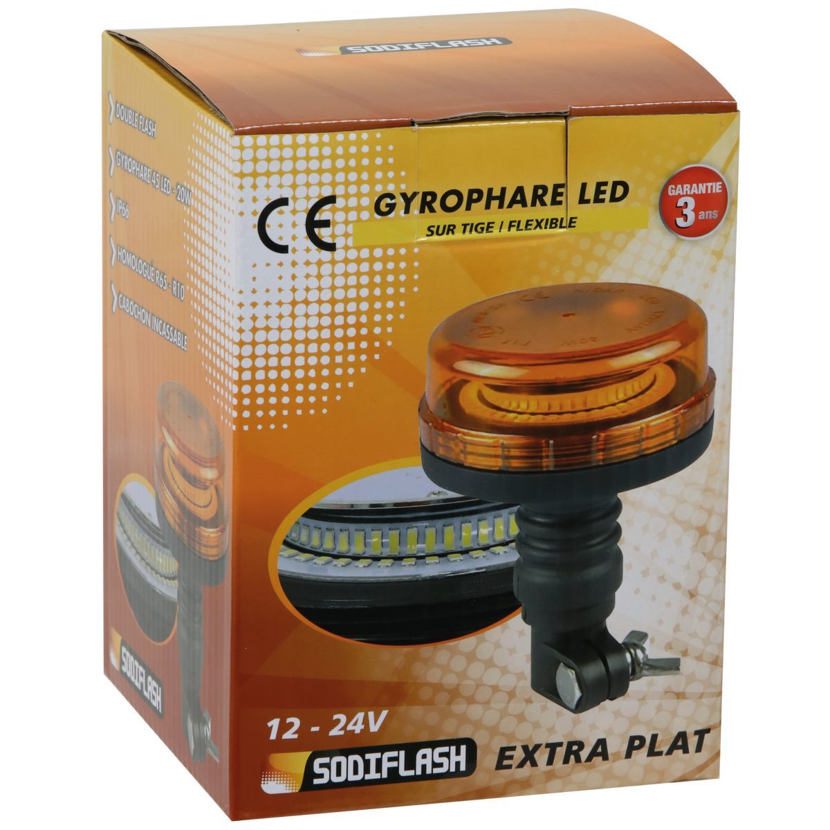 Gyrophare 45 LED extra plat sur tige 20W double flash,12/24V