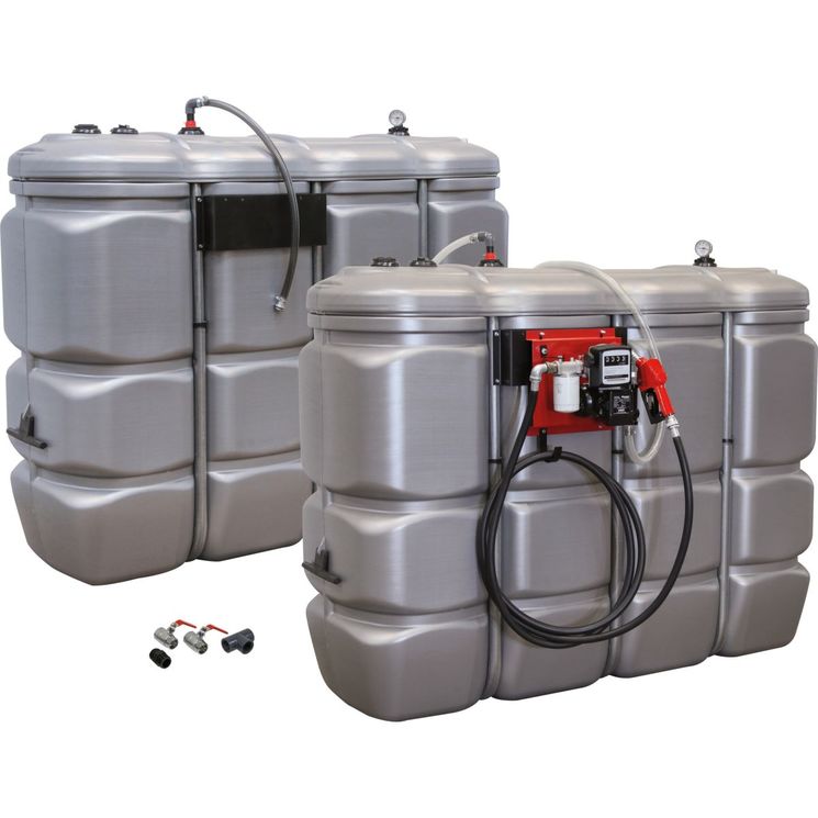 Pack double cuve de stockage Gasoil, Fuel, GNR, PEHD 2000 + 2000 litres double paroi, 60 l/min, DRAKKAR
