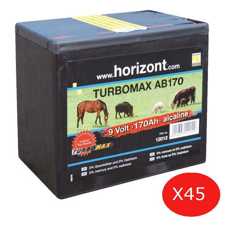 Box de 45 piles alcalines 9V - 170AH, 0% cadmium, 0 % mercure, HORIZONT Turbomax AB170