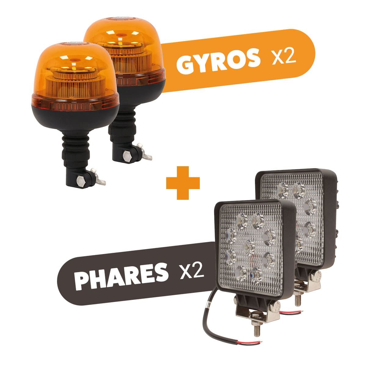 Gyrophares orange LED et 2 phares de travail LED carré