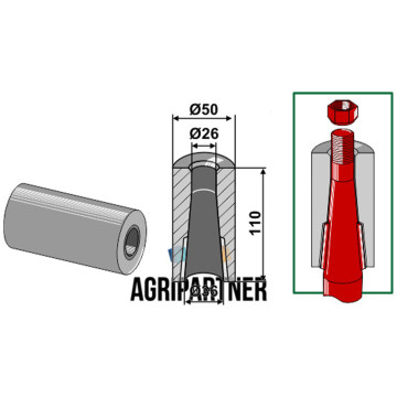 Entretoise à souder 110 mm, Ø50x26x36 mm pour dents avec ergot d´arrêt 600/810 mm Ø36 mm, UNIVERSEL, pièce interchangeable