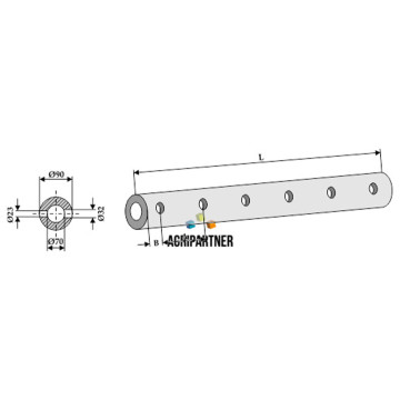 Tubes-support 980 mm, 6 trous, entraxe 185 mm, pour dents, UNIVERSEL, pièce interchangeable