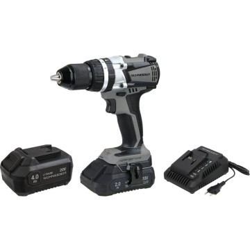 Perceuse visseuse Brushless à percussion sans fil 20V, 60Nm, avec 2 batteries 2Ah et 4Ah, chargeur 3A et coffret de rangement, SCHNEIDER