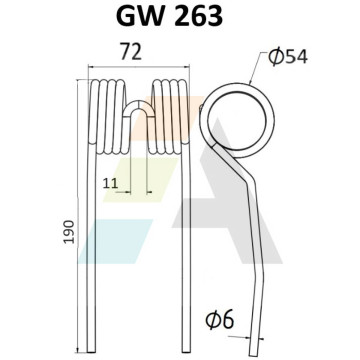 Dent double griffe pour faneuse 6mm x 190mm, UNIVERSEL, pièce interchangeable