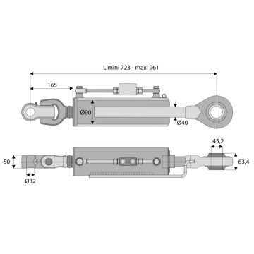 Barre de poussée hydraulique articulation / crochet, catégorie 3, filetage 36x2 mm, longueur 666/906 mm, CBM