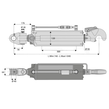 Barre de poussée hydraulique articulation / crochet, côté tracteur 40 mm, côté outil catégorie 3, tige Ø50 mm, longueur 740/1040 mm, CBM