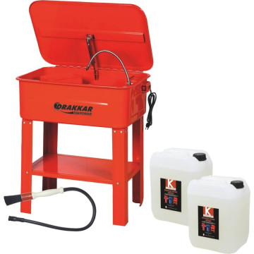 Lot fontaine de nettoyage métallique 75 litres sur pied, 2 solvants dégraissant en bidon de 20 litres et 1 pinceau, DRAKKAR