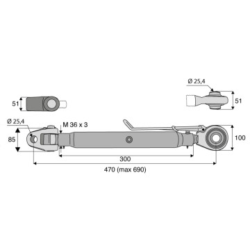 Barre de poussée mécanique articulation / rotule, catégorie 2/2, filetage 36x3 mm, longueur 470/690 mm, gamme Pro