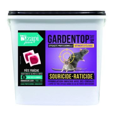 Raticide souricide Gardentop, bromadiolone 50mg/kg, pâte concentré sachet 10g, seau de 5 kg