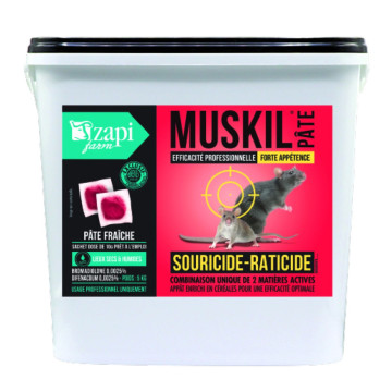 Raticide souricide Muskil, difénacoum 25mg/kg et bromadiolone 25mg/kg, pâte 10g, seau de 5 kg
