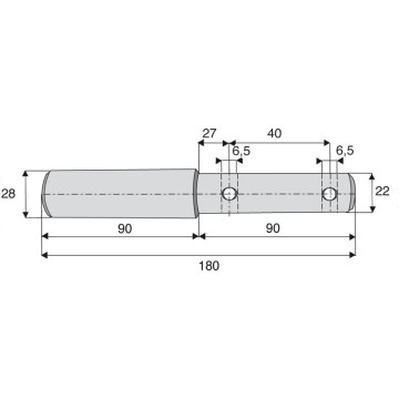Axe d'attelage double de Ø22 et 28 mm, longueur totale 180 mm, goupille de Ø6,5 mm