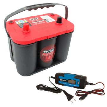 Batterie Optima 12V 50Ah, 815A, RedTop RTS 4,2 + chargeur électronique automatique 6/12V 4A, STILKER