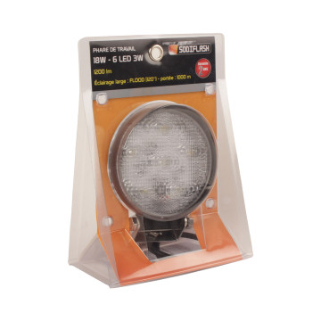 Phare de travail rond 6 LED 18W, lumens 1200, faisceau large, portée d'éclairage 1000m