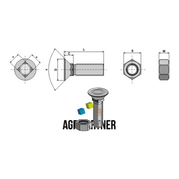 Boulon agricole 14X35 mm TFCC avec écrou hexagonal, pas fin, GREGOIRE BESSON