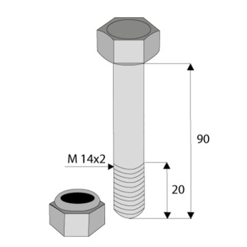 Vis avec écrou 14x90mm pas fin, classe 12.9, pour AGRIMASTER, FALC, HERDER, QUIVOGNE, TURNER, VOTEX, 1101434, pièce interchangeable