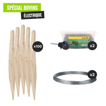 Pack clôture électrique pour bovins, 2 bobines de fil galva 250m, 2 seaux d'isolateurs et 100 piquets châtaignier 1.80m