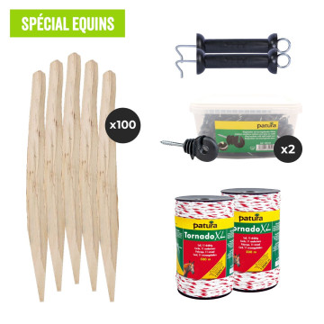Pack clôture électrique pour chevaux, 2 bobines corde tornado 500m, 2 seaux d'isolateurs, 2 poignées et 100 piquets châtaignier 2.00m