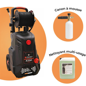 Pack nettoyeur essentiel : COMET K250 TSR EXTRA + canon à mousse + 12 kg nettoyant multi-usage