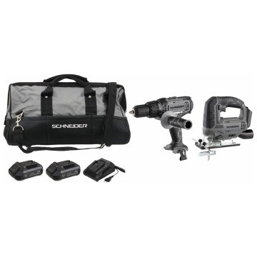 Pack 2 outils SCHNEIDER : perceuse 50Nm et scie sauteuse avec 2 batteries Li-ion 20V 2Ah, 1 chargeur rapide 3A et sac de transport