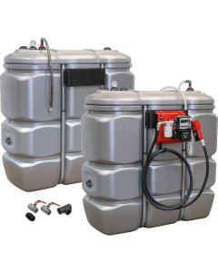 Pack double cuve de stockage Gasoil, Fuel, GNR, PEHD 1500 + 1500 litres double paroi, 60 l/min, DRAKKAR