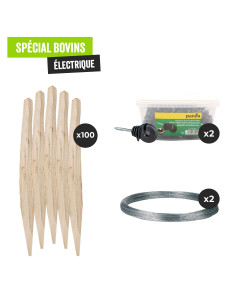 Pack cl&ocirc;ture &eacute;lectrique pour bovins, 2 bobines de fil galva 250m, 2 seaux d'isolateurs et 100 piquets ch&acirc;taignier 1.80m