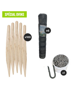 Pack cl&ocirc;ture grillage pour moutons, 6 rouleaux 50m grillage galvanis&eacute; hauteur 1.20m, 1 seau de crampillons et 100 piquets ch&acirc;taignier 1.80m